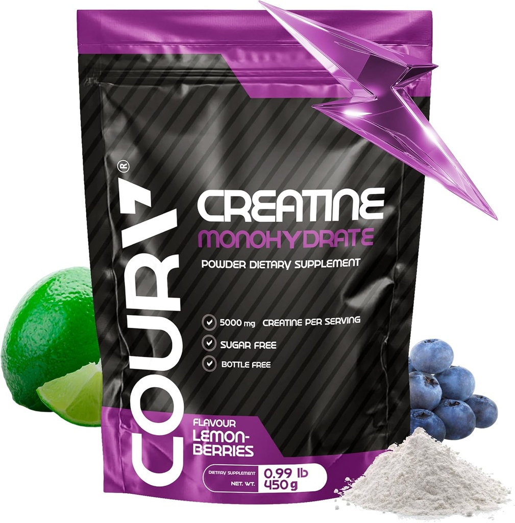 COURA Créatine Monohydraté Citron-Berries Flavor - 450g - Supplément Sportif - Force et Endurance - Idéal pour des entraînements intenses - Sans gluten - Sans bouteille