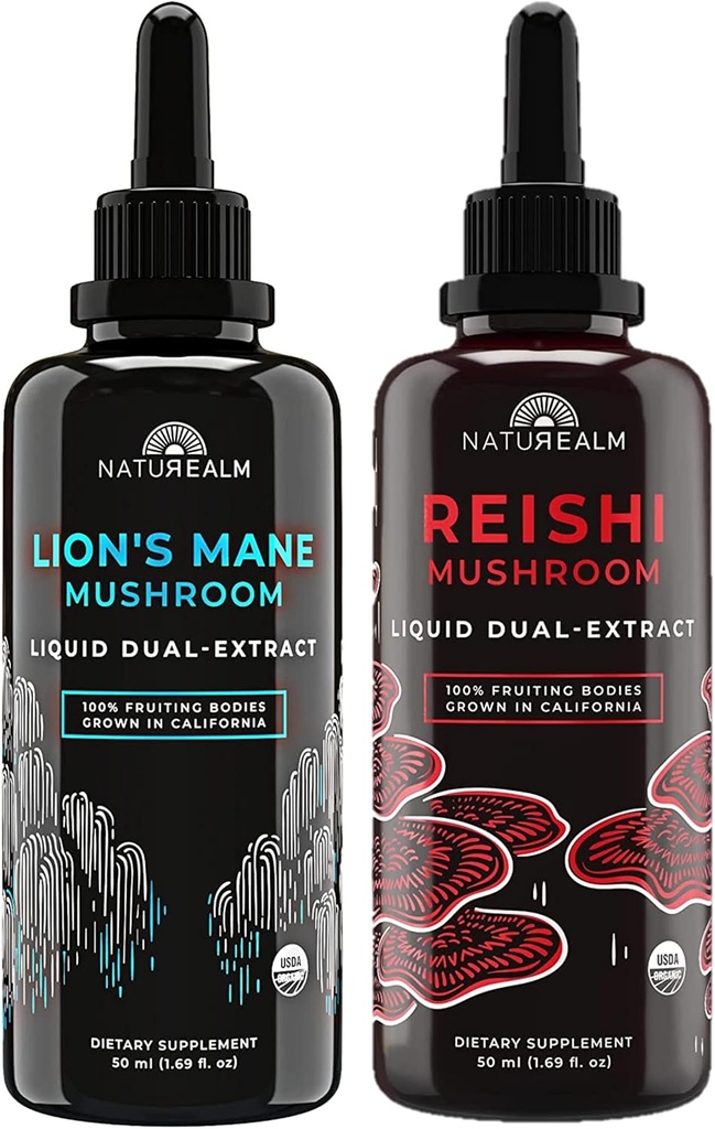 Naturealm Reishi et Lion Extrait de champignons de la Mane - Stack Adaptogen pour Focus, Immunité, Longévité, Santé des Guts, Anti-Age, Énergie et plus - gouttes liquides organiques - 50 mL Chaque (2 paquets)
