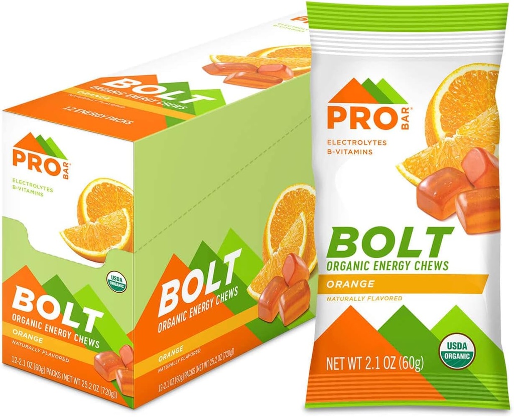 PROBAR - BOLT Organic Energy Chews, Orange, Non-GMO, Gluten-Free, USDA Certified Organic, Healthy, Natural Energy, Fast Fuel Gummies with Vitamins B & C (12 Count)