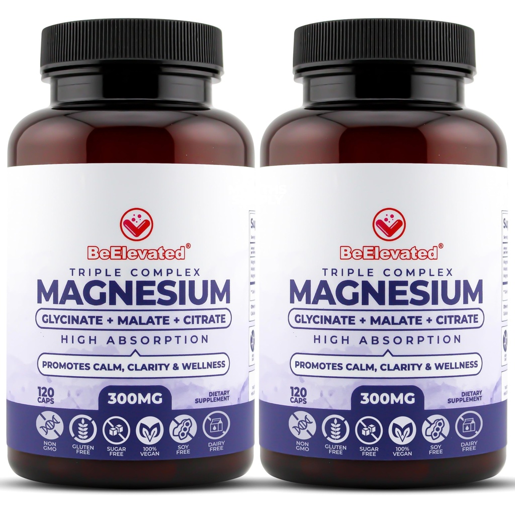 Supplément triple complexe de magnésium – supplément complexe de magnésium à action rapide avec glycinate, citrate et malate pour le bien-être général – capsules naturelles, véganes, non OGM (300mg) (2-pack)
