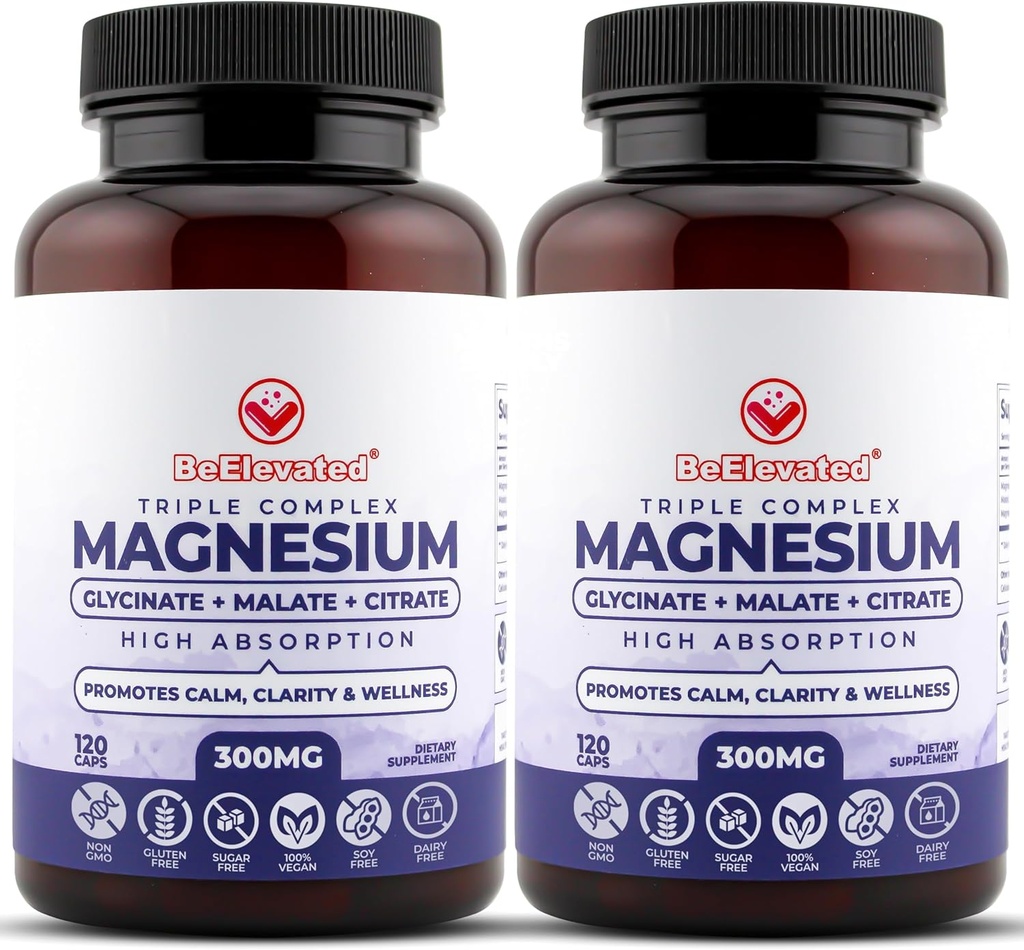 Triple Complex Magnesium Supplement – Fast-Acting Magnesium Complex Supplement with Glycinate, Citrate & Malate for Overall Well-Being – Natural, Vegan, Non-GMO Capsules (300mg) (2-Pack)