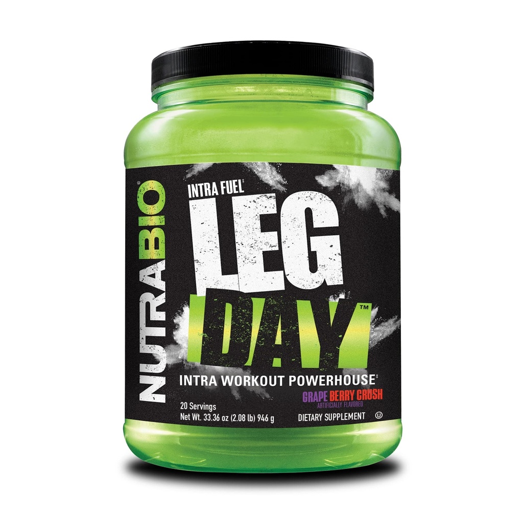 NutraBio Leg Day Intra Workout Poudre – Supplément de carbure avancé avec dextrine à grappes et électrolytes – Poudre de carbure avec AEA/BCAA – Dextrine cyclique pour la performance – Berry de raisin, 20 portions