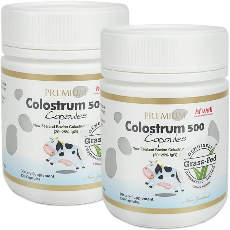 (Pack of 2) Hi Well Premium 100% Pure New Zealand Bovine Grass-Fed Colostrum 500 120 Capsules