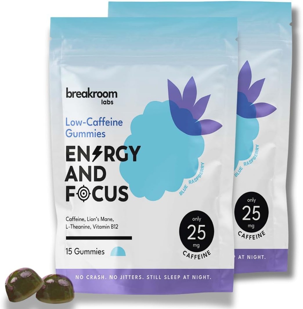 Breakroom Labs Energy and Focus Gummies – Low Caféine 25mg w/L-Theanine, Lions Mane, Vitamine B12 – Supplément Cerveau Nootropique pour Adultes, Enfants - Vegan, Low Sugar, Blue Raspberry Flavor, 30 portions