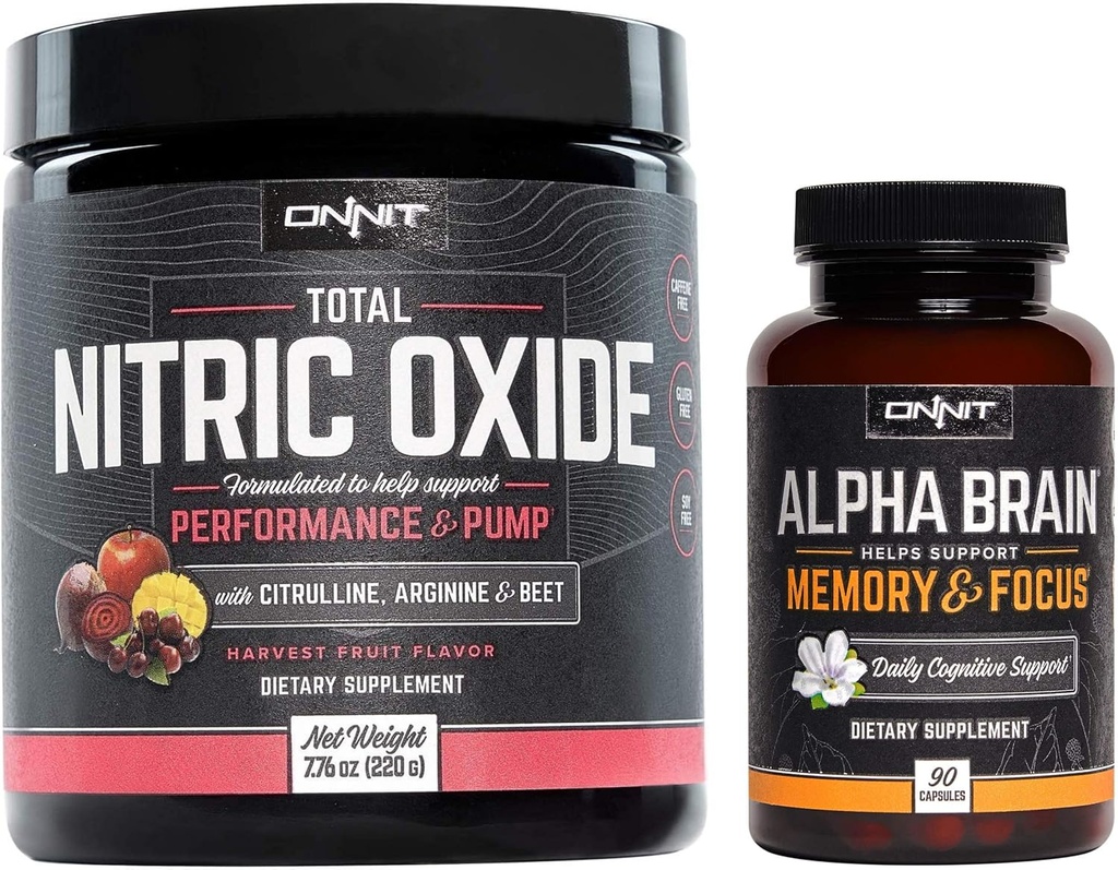 ONNIT Nootropic + Preworkout Stack - Alpha Cerveau (90ct) + Oxyde Nitrique Total (Fruits de Harvest)