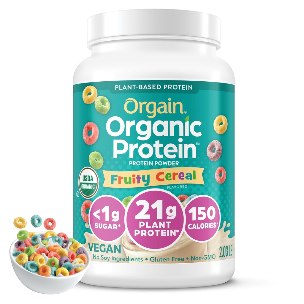 Orgaine en poudre de protéines végétales organiques, céréales fruitées - 21g de protéines végétales, 8g de fibres prébiotiques, faible teneur en glucides, sans ingrédients de lactosérum, sans sucre ajouté, non-OGM, pour Shakes & Smoothies, 2,03 lb