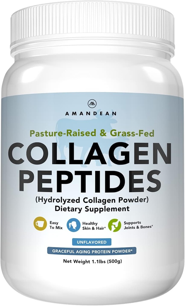Poudre de peptides de collagène d'AMANDEAN (17,6 oz). Supplément protéinique hydrolysé alimenté par l'herbe. Promotion des articulations saines, de la peau, des cheveux, des ongles. Non aromatisé et facile à mélanger.