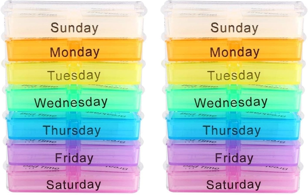 Distributeur de pilules, 2 PCS Organisateur de pilules 4 fois par jour, 7 jours Pill Box Portable Travel Pill Case Compartiments empilables Organisateur de médicaments personnels pour les vitamines Huiles de poisson Pills Suppléments