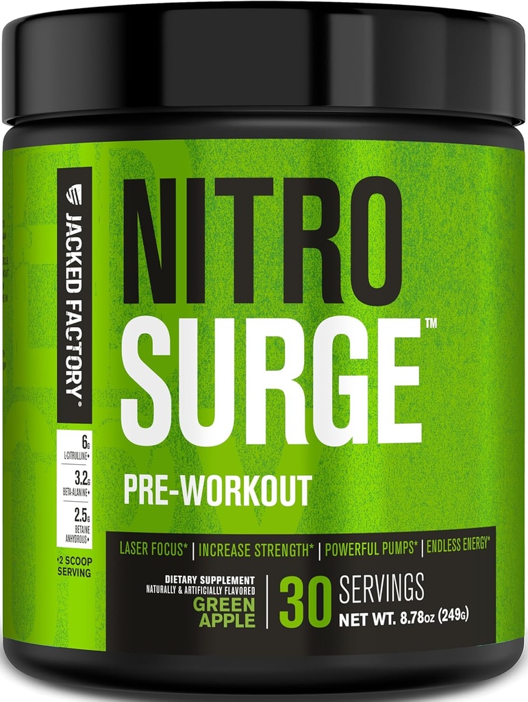 Supplément de pré-entraînement Jacked Factory NITROSURGE - Endless Energy, Instant Strength Gains, Clear Focus, Pompes Intenses - NO Booster & Powerful Preworkout Poudre d'énergie - 30 portions, pomme verte