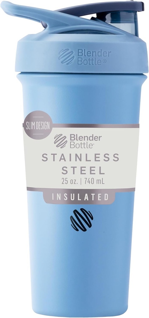 BlenderBottle Sport Sleek Bouteille de Shaker en acier inoxydable isolant avec fouet de fil, 25-Ounce, bleu poussiéreux – Secous protéiques et hydratation pour les athlètes et les amateurs de fitness, mélange facile, mince facile à tenir, garde les boissons froides et verrouillables