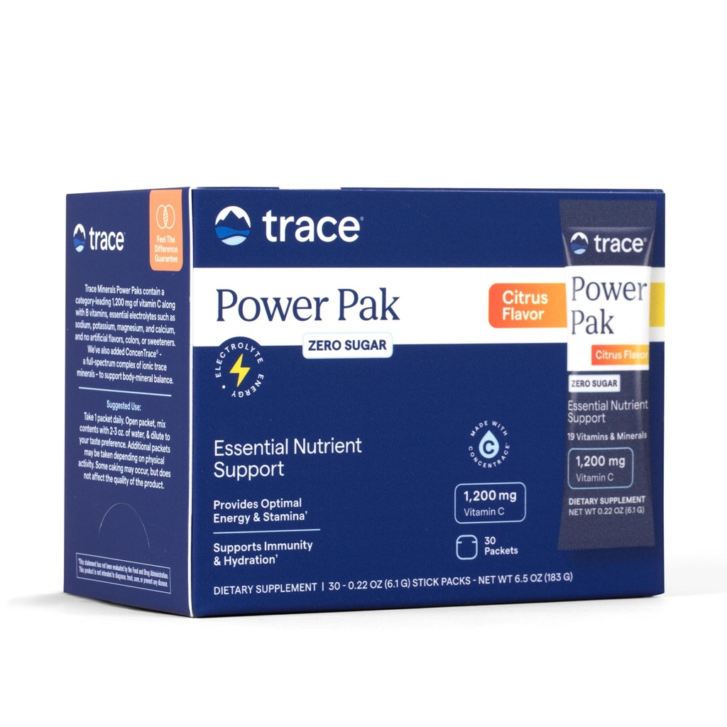 Trace Minerals Power Pak Multivitamin and Multimineral Packets - Soutien aux électrolytes - 1200 mg Vitamine C Plus 70 Sans sucre - Arôme d'agrumes - 30 Packets