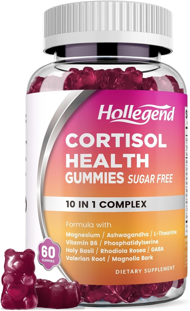 Suppléments de cortisol pour les femmes hommes, Gommies de cortisol avec Ashwagandha, Magnésium, L-Theanine, Phosphatidylsérine, B6 pour la désintoxication de Cortisol, Relaxation, Sommeil, Focus, Sans sucre, Vegan, 60