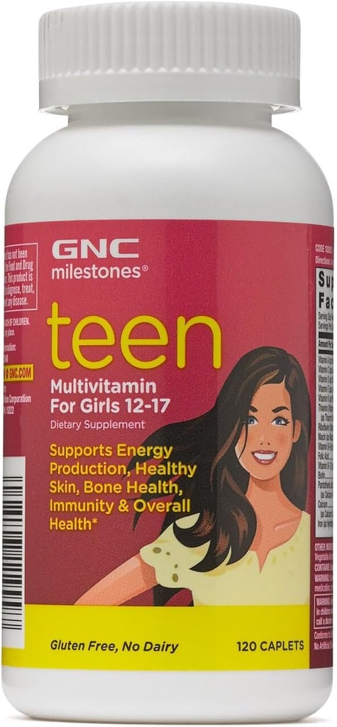 GNC Milestones Adolescent Multivitamine pour les filles 12-17, 120 Caplets, soutient la production d'énergie et la santé de la peau, de la santé osseuse et de l'immunité