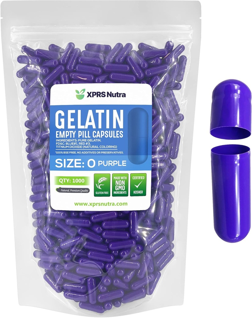XPRS Nutra Taille 0 Capsules vides - 1000 Compte Capsules de gélatine vides - Pills Bricolage Capsule Remplissage - Pure Pill Gel Caps pour Do-It-Youlf Suppléments (Purple)