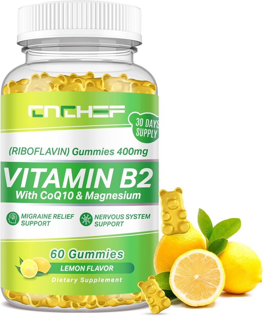 Vitamine B2 Gummies pour Adultes et Enfants - Supplément Riboflavin 400mg avec Magnésium Glycinate & CoQ10, Soutien Anti-migraine et système nerveux, Boost Energy, sans sucre Vegan B2 Gummies Saveur de citron