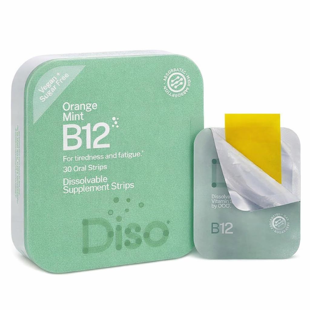 DISO - Vitamine B12 - Bandes orales à dissolution rapide, pour la fatigue et la fatigue, Arôme à la menthe orange, Vegan, sans sucre, Absorption maximale, sans gluten, emballés individuellement, 30 bandes dissolvables