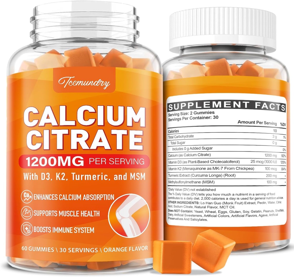 Calcium 1200 mg avec supplément de vitamine D3 Gommies pour adultes: Absorption ultime Citrate de calcium avec vitamine D3 K2, extrait curcuma, MSM pour femmes hommes