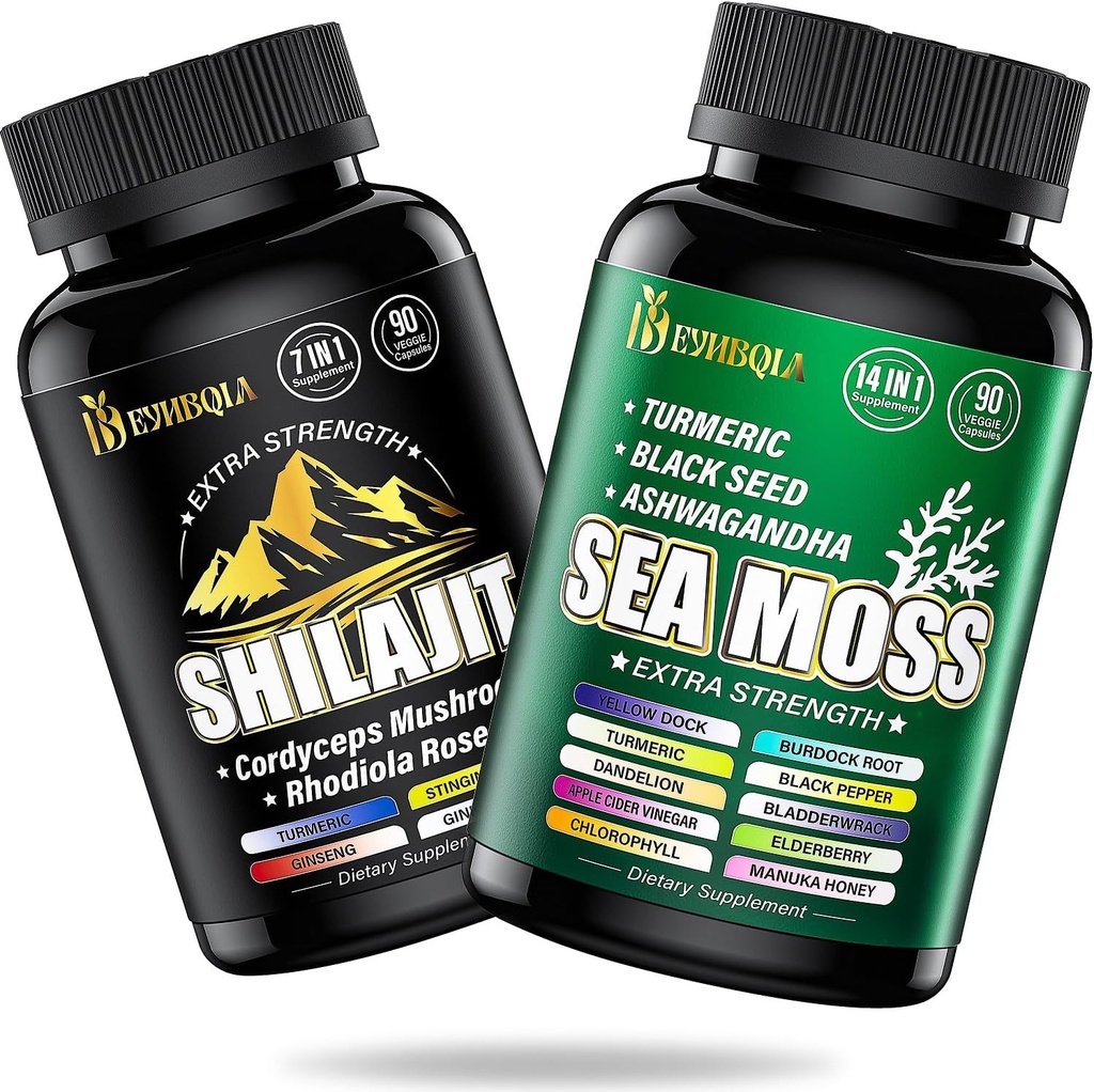 Sea Moss and shilajit Bundle - 90AD Count - Sea Moss, Black Seed Oil, Ashwagandha, Turmeric & Shilajit, Rhodiola Rosea,Burdock, Bladderwrack 21 in 1 Supplements (2 Packs)
