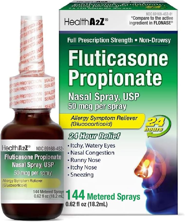 HealthA2Z® Fluticasone Propionate Nasal Spray | 50 mcg per Spray | 24 Hour Allergy Relief | 144 Sprays | 0.62 fl oz. (18.2mL) (0.62 fl oz. (Pack of 1))