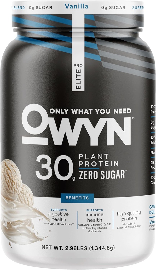 OWYN seulement ce dont vous avez besoin Pro Elite Vegan 30g à base végétale haute poudre de protéines, Zéro sucre (Vanilla, 2,9 lbs)