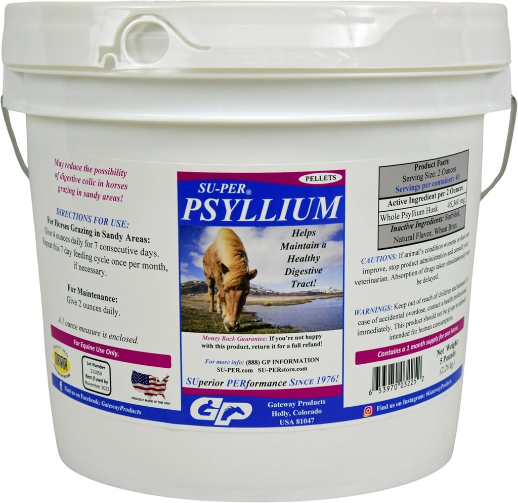 SUPER Psyllium Pellets Supplément Hippique - maintient un système digestif sain chez les chevaux - soutient l'enlèvement de sable et de dirt du système intestinal - 5 livres, 1 mois d'approvisionnement