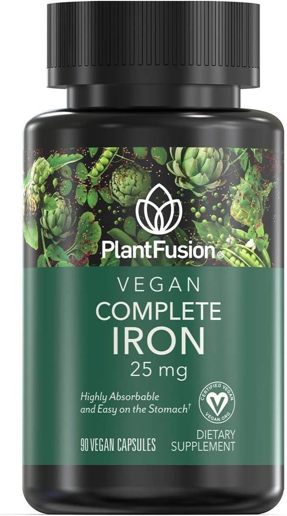 PlantFusion suppléments de fer végétalien de, suppléments de fer à base de plantes Premium pour les femmes et les hommes (25mg), Plus Folate & B12, 90 capsules de légumes