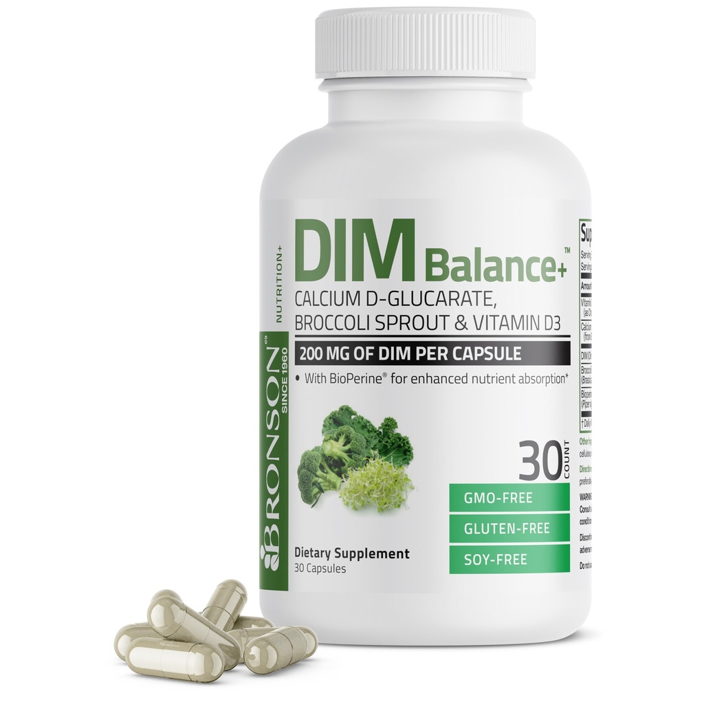Bronson DIM Balance+ Calcium D-Glucarate, les germes de brocoli et la vitamine D3 200 MG de DIM par gélule soutient le métabolisme et les taux équilibrés d'hormones non OGM, 30 capsules végétariennes