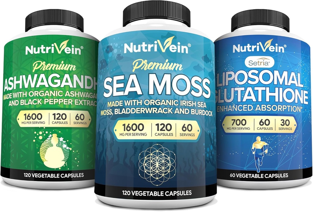 Nutrivein Premium Irish Sea Moss Capsules, Ashwagandha, et supplément de glutathion liposomique: Moss, glutathion réduit, et suppléments d'ashwagandha pour l'immunité, l'humeur, la digestion et la désintoxication