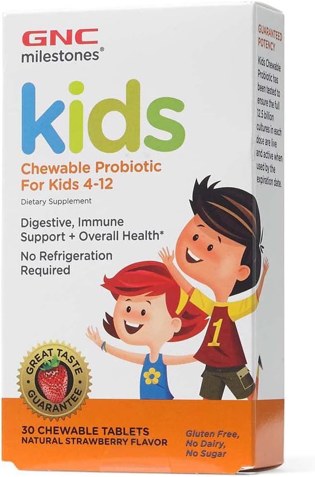 GNC Milestones Kids Chewable Probiotic pour enfants 4-12, 30 Tablettes Chewable, soutient le système digestif et immunitaire