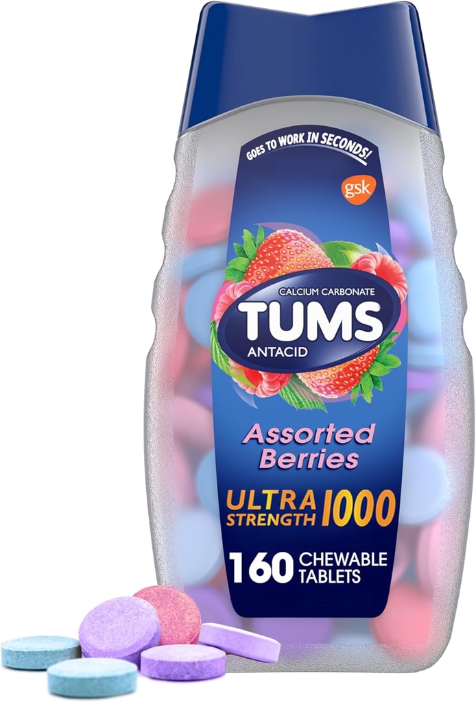 Comprimés antiacides à haute résistance TUMS pour soulagement des brûlures d'estomac et soulagement de l'indigestion acide, baies assorties - 160 Nombre