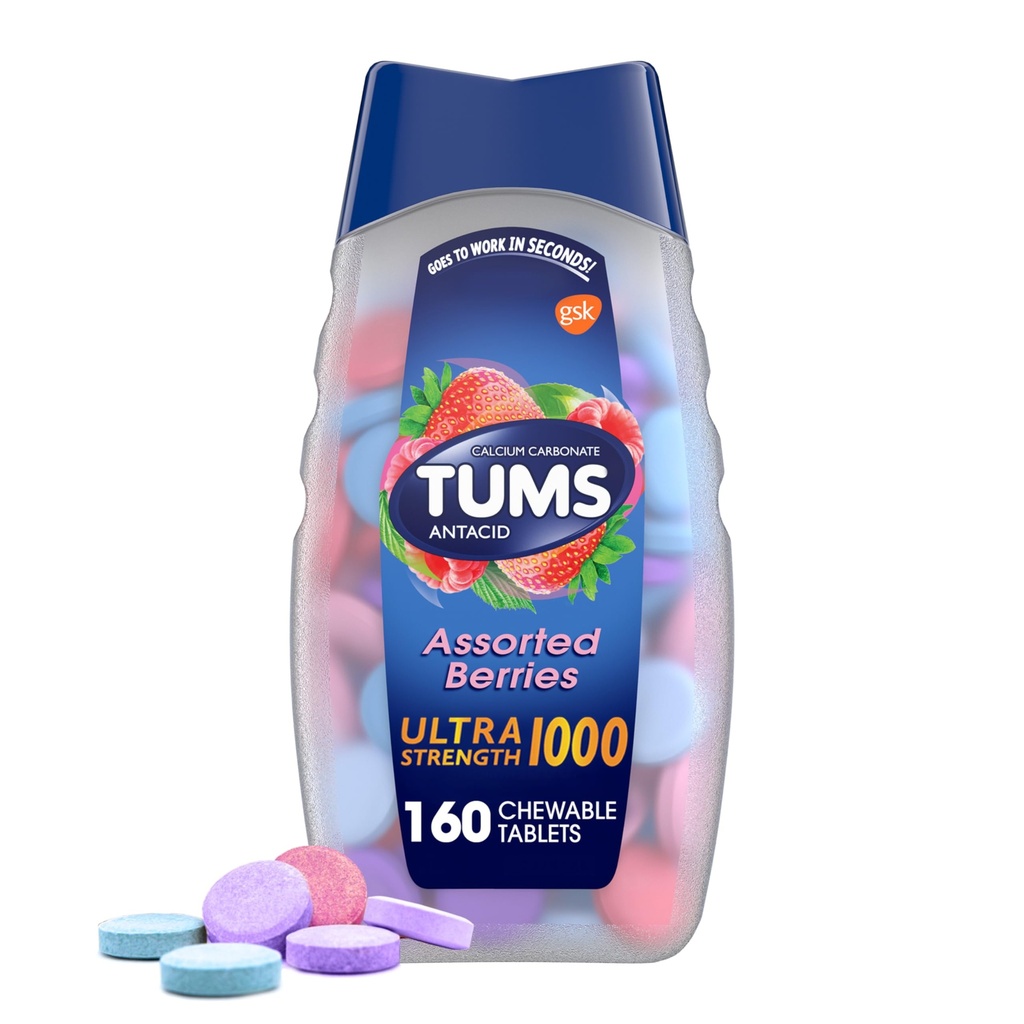 Comprimés antiacides à haute résistance TUMS pour soulagement des brûlures d'estomac et soulagement de l'indigestion acide, baies assorties - 160 Nombre