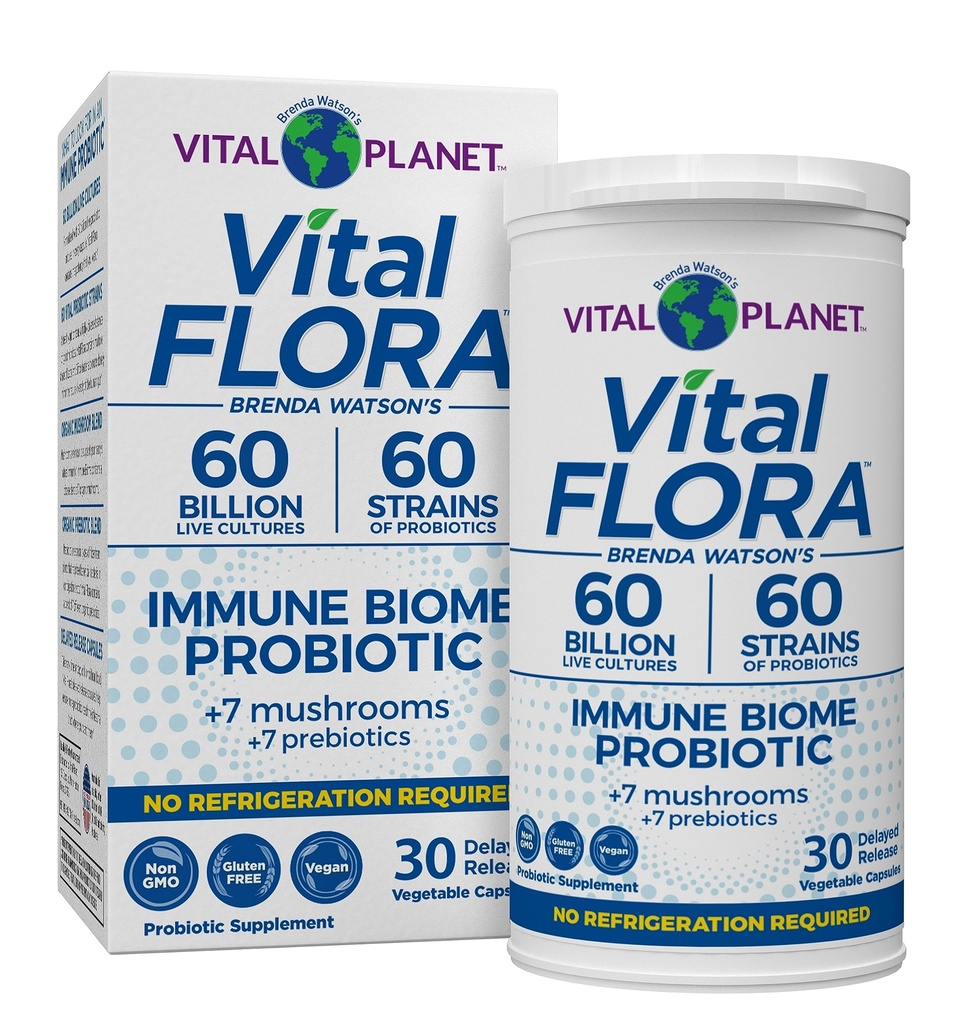 Vital Planet - Vital Flora Immmune Support Probiotique, 60 milliards CFU, 60 souches diverses, 7 mélanges de complément de champignons biologiques avec prébiotiques, stable probiotiques de santé digestif stable 30 capsules