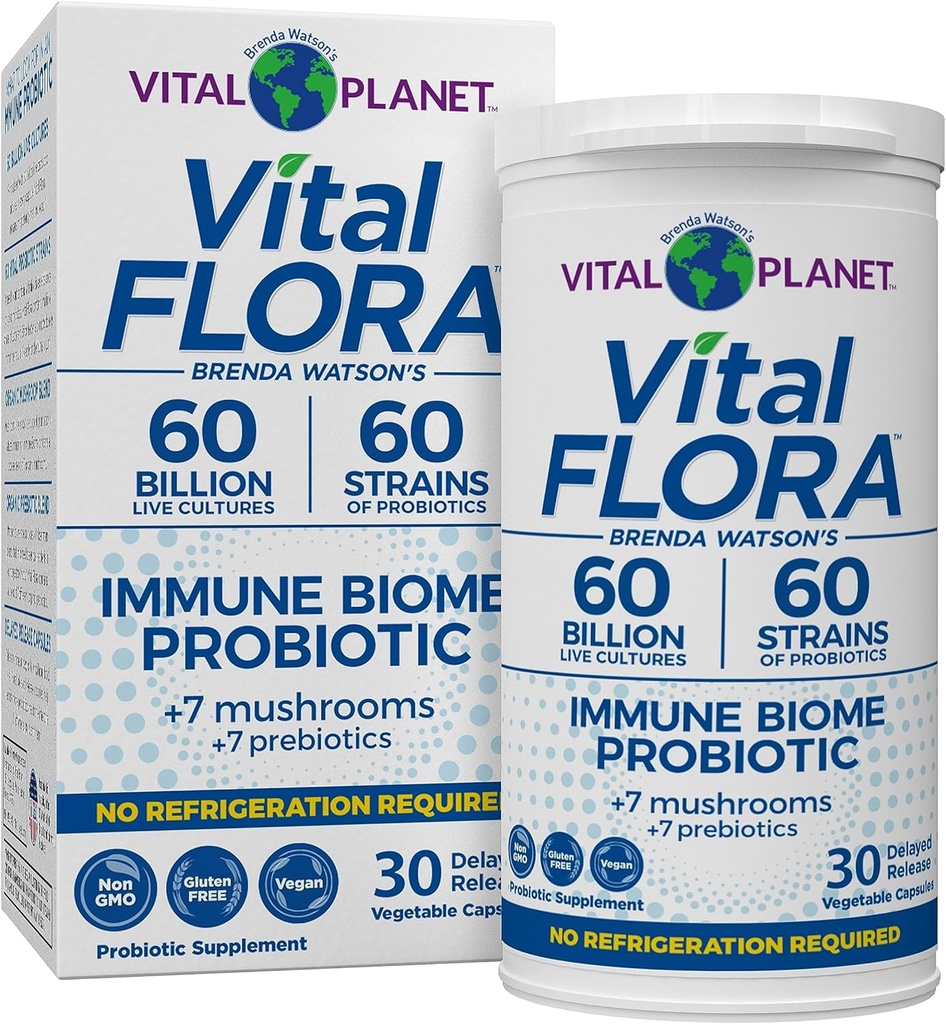 Vital Planet - Vital Flora Immmune Support Probiotique, 60 milliards CFU, 60 souches diverses, 7 mélanges de complément de champignons biologiques avec prébiotiques, stable probiotiques de santé digestif stable 30 capsules