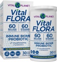 Vital Planet - Vital Flora Immmune Support Probiotique, 60 milliards CFU, 60 souches diverses, 7 mélanges de complément de champignons biologiques avec prébiotiques, stable probiotiques de santé digestif stable 30 capsules