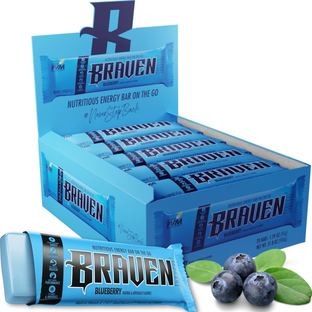 Braven Bar Blueberry Energy Bars (1,59 oz, paquet de 20) – Chews d'énergie avec 5g de protéines – Snacks d'énergie sur le trajet pour la course, la randonnée et le sport - Snacks sans gluten pour stimuler l'énergie