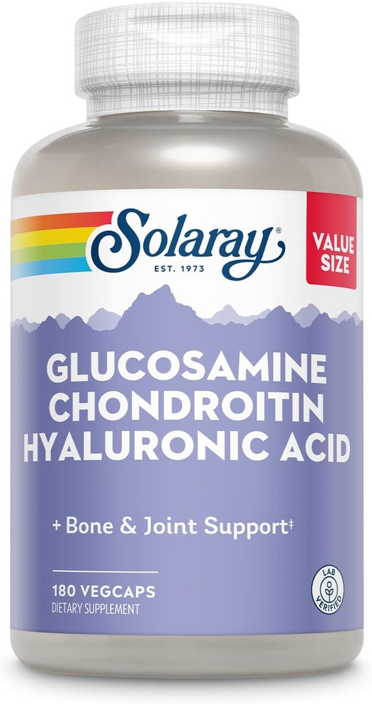 SOLARAY Glucosamine Chondroitine Acide hyaluronique, complément de soutien aux os sains et aux articulations plus vitamine C pour l'absorption améliorée, labo vérifié, garantie de 60 jours, 60 portions, 180 VegCaps
