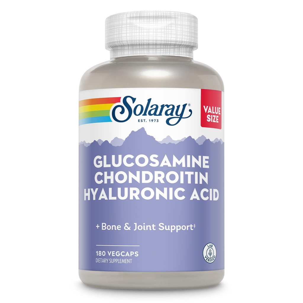 SOLARAY Glucosamine Chondroitine Acide hyaluronique, complément de soutien aux os sains et aux articulations plus vitamine C pour l'absorption améliorée, labo vérifié, garantie de 60 jours, 60 portions, 180 VegCaps