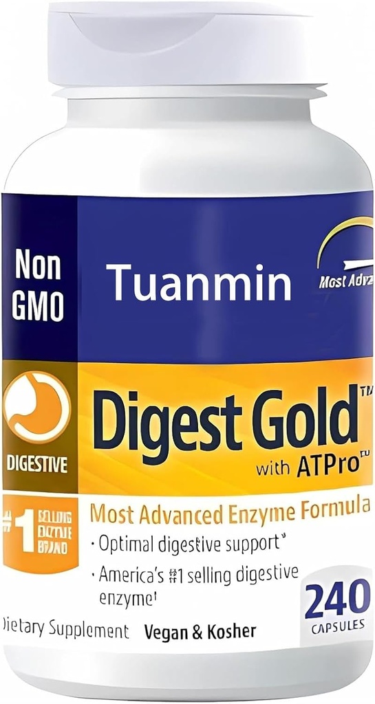 Digest Gold + Supplément enzymatique ATPro - Formule de force maximale pour la santé digestive - Soutient la digestion des repas gros, aide à réduire le bloom et le gaz, 240 capsules