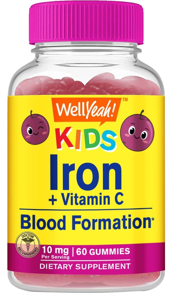 Eh bien oui Gommies de fer pour les enfants avec vitamine C - Soutien à l'anémie, Formation de globules rouges, Énergie, et Immunity Support Gummy, Suppléments de fer pour les enfants - Sans OGM, Saveur de raisin naturel - 60 comte