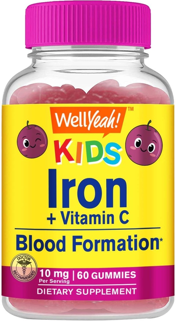 WellYeah Iron Gummies for Kids with Vitamin C - Anemia Support, Red Blood Cell Formation, Energy, and Immunity Support Gummy, Iron Supplements for Kids - GMO Free, Natural Grape Flavor - 60 Count