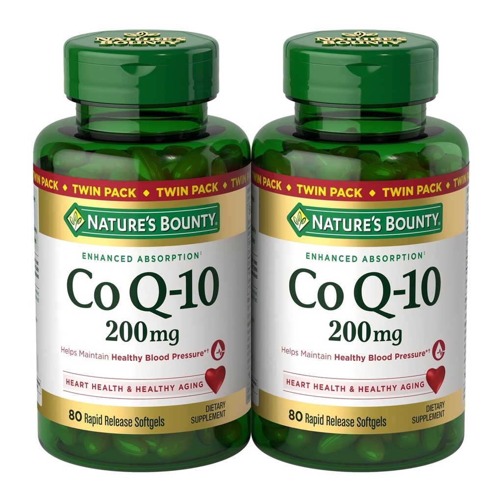 Natures Bounty CoQ10 200 mg Softgels, Heart Health & Cellular Energy Support, Twin Pack, 160 Softgels à libération rapide