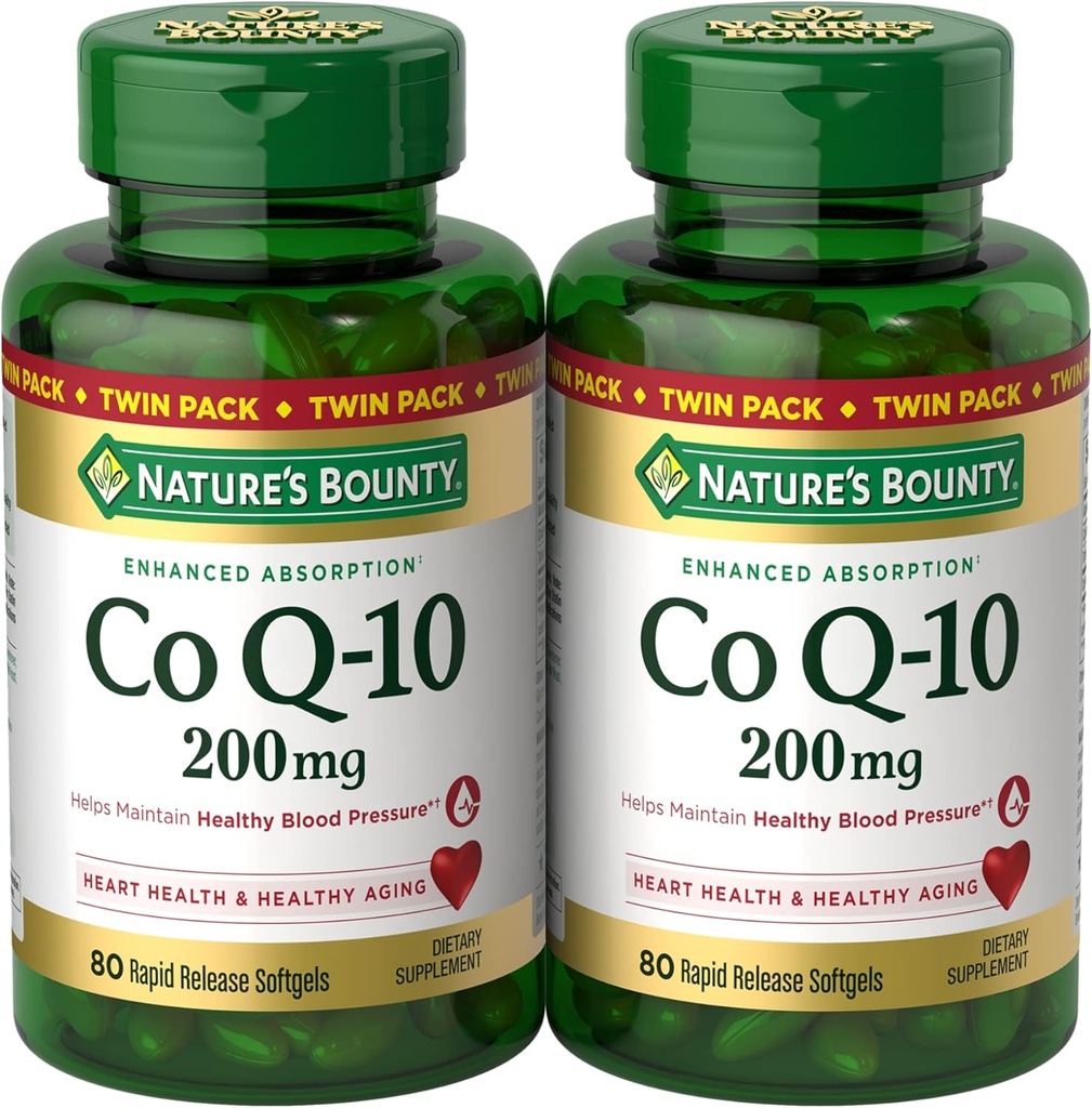 Natures Bounty CoQ10 200 mg Softgels, Heart Health & Cellular Energy Support, Twin Pack, 160 Softgels à libération rapide
