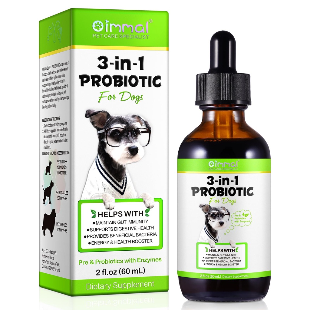 Probiotique pour chiens, naturel 3 en 1 gouttes probiotiques de chien aide à soulager la diarrhée, soutient la santé de Gut, peau démangeaison, allergies, immunité, enzymes digestives pour le supplément de chien, bacon Flavor - 60ml / 2 fl.oz