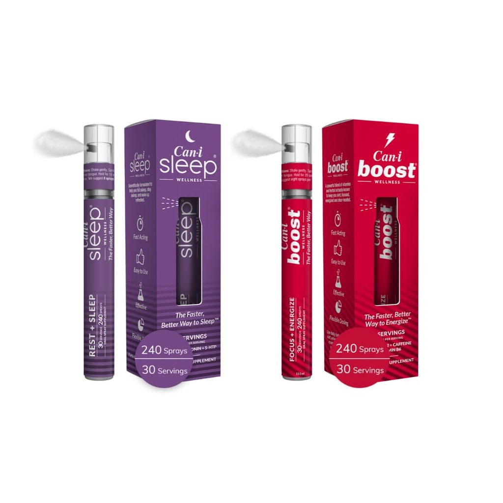 Can-i Wellness Spray oral à action rapide - Supplément de sommeil naturel avec la mélatonine et le GABA, soutien énergétique quotidien avec B12, Ubiquinol et caféine – Formule végétalienne, Portable, Spray voyage-friendly