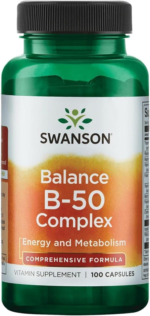 Complexe Swanson B-50 - Supplément de vitamine favorisant l'énergie et le métabolisme - Peut soutenir la santé cardiaque, la mémoire et le soutien - (100 capsules)