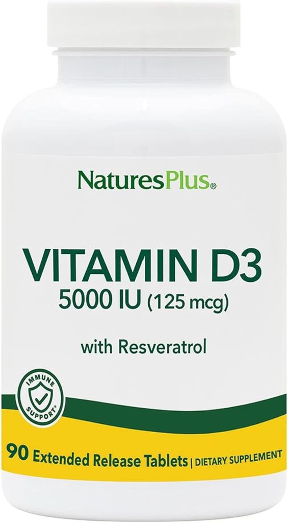 Natures Plus vitamine D3, libération prolongée - 90 comprimés végétaliens - 5000 UI + 25 mg Trans-Resvératrol - Santé du coeur et des os, système immunitaire, anti-âge - sans gluten - 90 portions