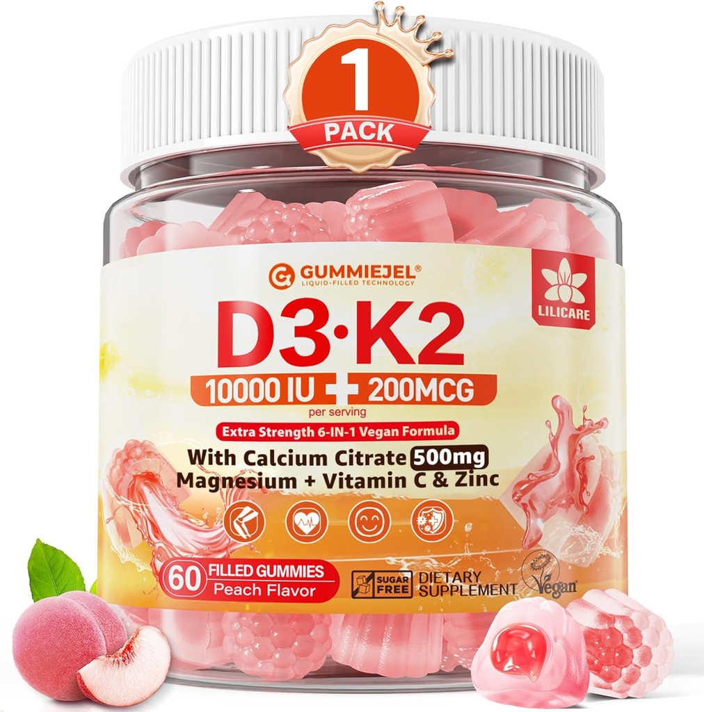 Vitamine D3 K2 Gommies 5000UI / 10 000 UI avec 500mg Calcium + K2(MK-7) 200mcg, Magnésium, Vitamine C & Zinc, Extra Force - Absorbance ultime pour les os, les muscles, les dents, Vegan, 60 Compte (paquet de 1)