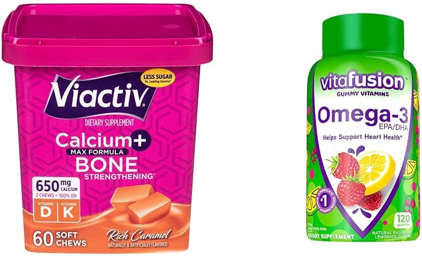 Viactiv Calcium Chews & Vitafusion Omega-3 Gummy Vitamins Bundle - 60 Calcium Chews for Bone Health + 120 Omega-3 Gummies for Heart Health