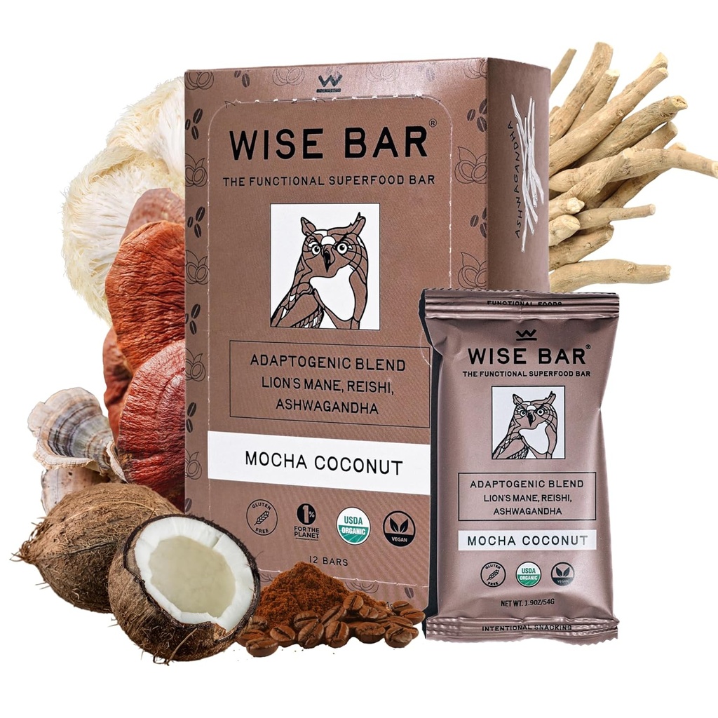 Bar Sage Adaptogen Mushroom Nutrition Bars avec Reishi, Lions Mane & Ashwagandha, Organic Vegan & Gluten Free Snacks pour le focus naturel, le soutien énergétique et immunitaire, Mocha Coconut Flavor, 12 comtes