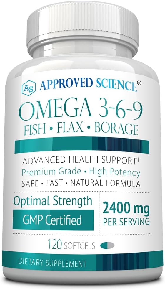 Sciences approuvées Omega 3-6-9-2400mg Mélange quotidien d'huiles de poisson, de lin et de borage avec vitamine E - Soutien du mieux-être - Non-OGM, sans mercure - 120 softgels - 2 mois d'approvisionnement